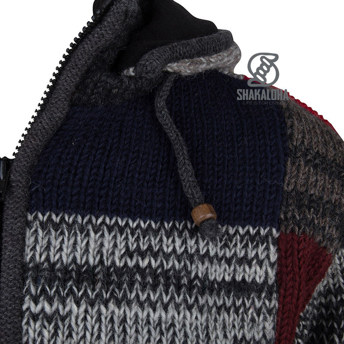 Shakaloha Shakaloha Knitted Woolen Jacket Patch ZH with Fleece Lining and Detachable Hood - Men - Unisex - Handmade in Nepal from sheep's wool