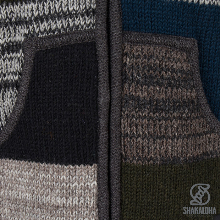 Shakaloha Chaleco de punto de lana Shakaloha con parche ZH, forro polar y capucha desmontable - Hombre/Unisex - Hecho a mano en Nepal con lana de oveja