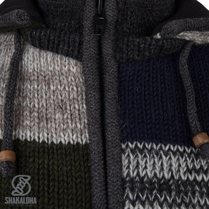 Shakaloha Chaleco de punto de lana Shakaloha con parche ZH, forro polar y capucha desmontable - Hombre/Unisex - Hecho a mano en Nepal con lana de oveja