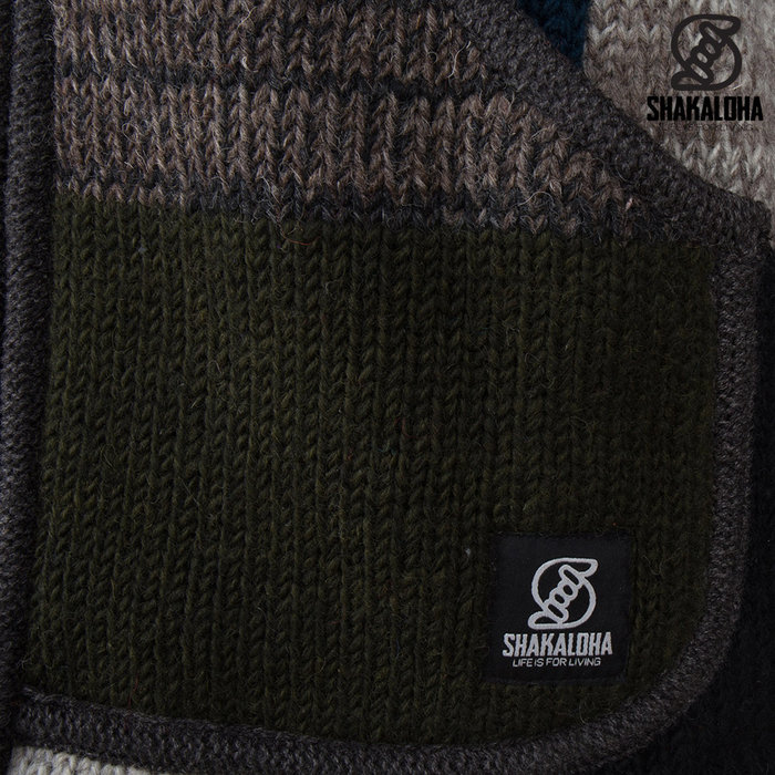 Shakaloha Chaleco de punto de lana Shakaloha con parche ZH, forro polar y capucha desmontable - Hombre/Unisex - Hecho a mano en Nepal con lana de oveja