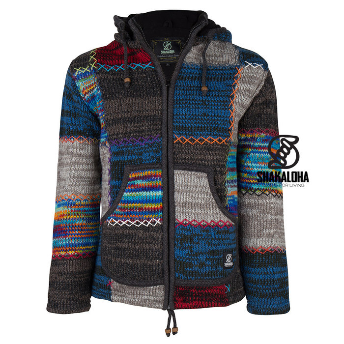 Shakaloha Gilet en laine tricote Shakaloha Patch ZH avec doublure polaire et capuche amovible - Homme/Uni - Fait main au Npal en laine de mouton