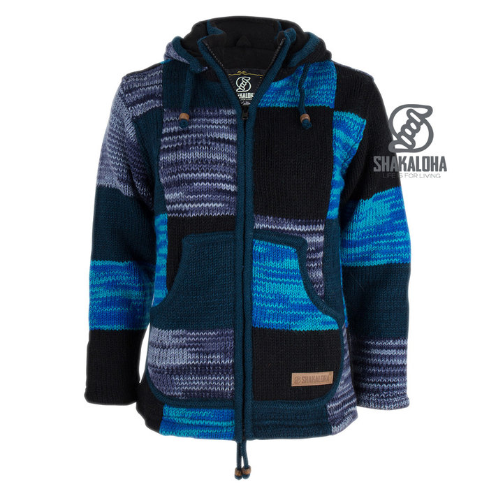 Shakaloha Shakaloha Veste en Laine Tricoté Patch ZH Blue Shades avec Doublure en polaire et Capuche détachable - Femmes - Fabriqué à la main au Népal en laine de mouton