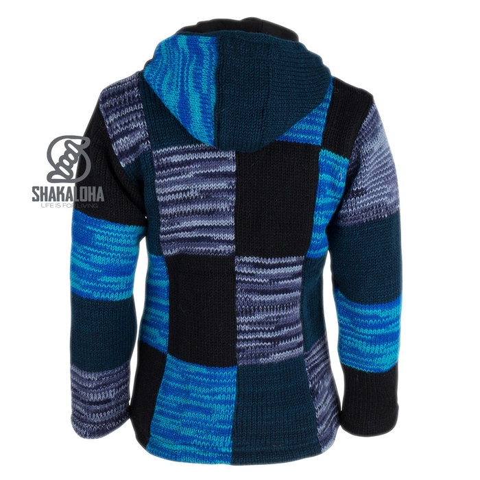 Shakaloha Shakaloha Veste en Laine Tricoté Patch ZH Blue Shades avec Doublure en polaire et Capuche détachable - Femmes - Fabriqué à la main au Népal en laine de mouton