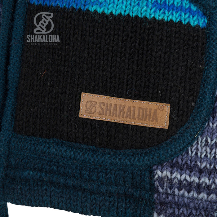 Shakaloha Shakaloha Veste en Laine Tricoté Patch ZH Blue Shades avec Doublure en polaire et Capuche détachable - Femmes - Fabriqué à la main au Népal en laine de mouton