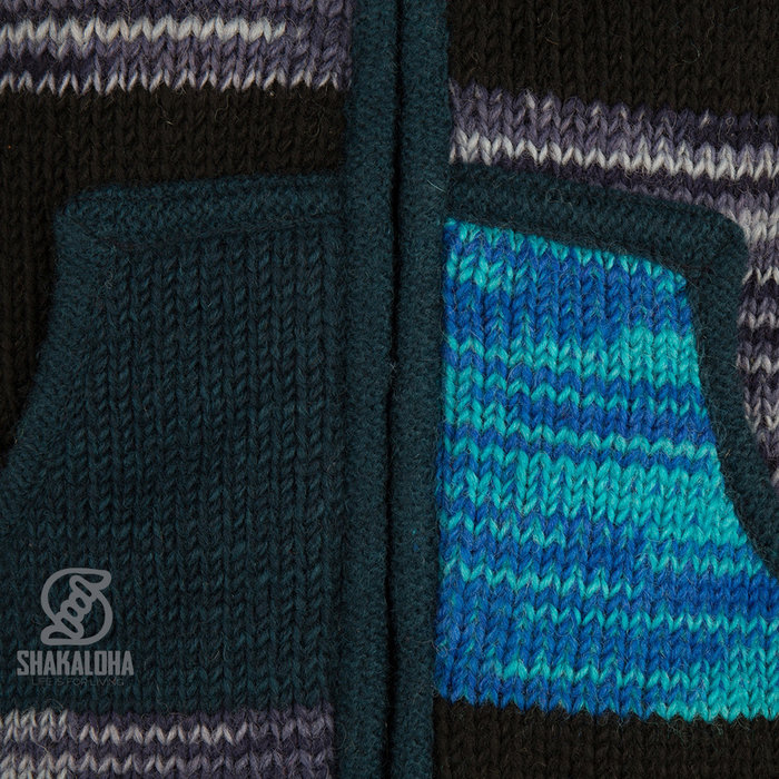 Shakaloha Chaleco de punto de lana Shakaloha con parche ZH, forro polar y capucha desmontable - Mujer - Hecho a mano en Nepal con lana de oveja