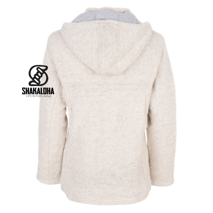 Shakaloha Shakaloha Strick-Wollweste Crawford ZH Beige Creme mit Baumwollfutter und abnehmbarer Kapuze – Damen – Handgefertigt in Nepal aus Schafwolle