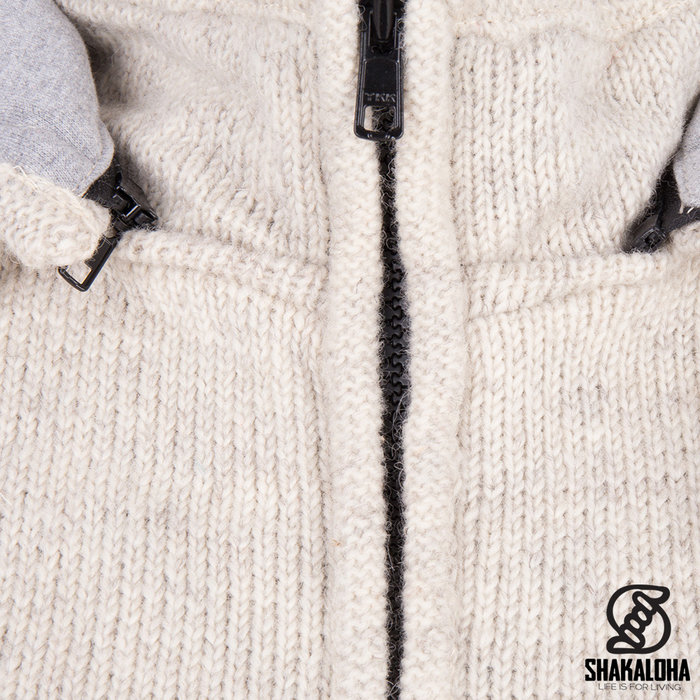 Shakaloha Shakaloha Gebreid Wollen Vest Crawford ZH Beige Crème met Katoenen Voering en Afneembare Capuchon - Dames - Handgemaakt in Nepal van Schapenwol