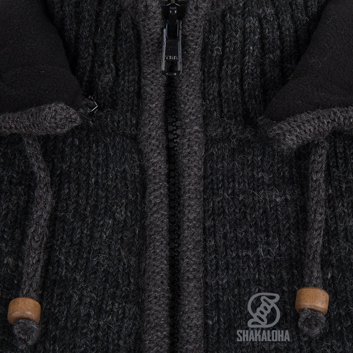 Shakaloha Shakaloha Knitted Woolen Jacket Crawford ZH Anthracite with Cotton Lining and Detachable Hood - Woman - Handmade in Nepal from sheep's wool