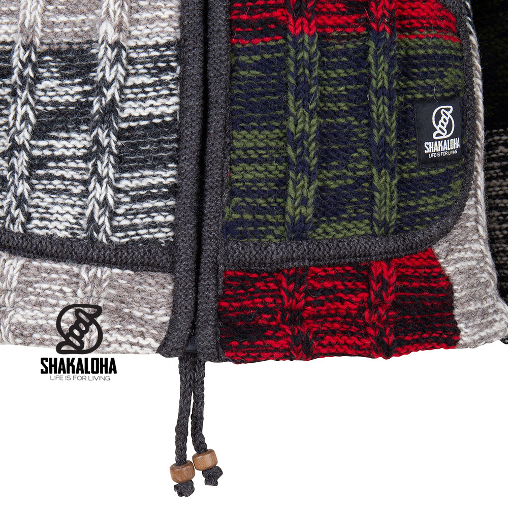 Shakaloha Shakaloha Wolljacke - Strickjacke Rib Patch ZH Mehrfarbiges Fell mit Fleece-Futter und Abnehmbarer Kapuze - Damen - Handgemacht in Nepal aus Schafwolle