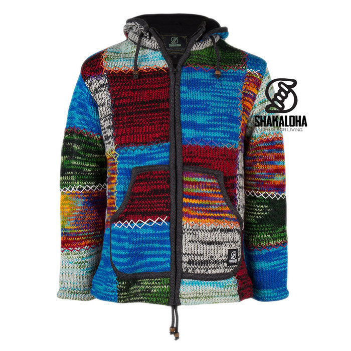 Shakaloha Chaleco de punto de lana Shakaloha con parche ZH, forro polar y capucha desmontable - Mujer - Hecho a mano en Nepal con lana de oveja