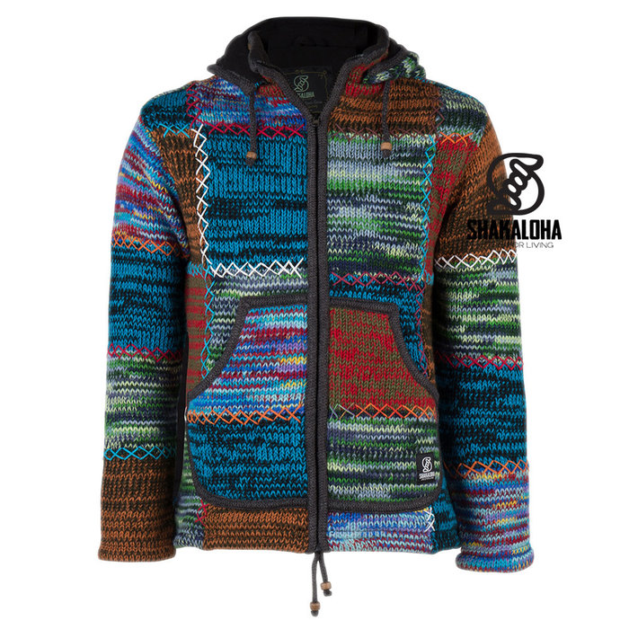 Shakaloha Shakaloha Veste en Laine Tricoté Patch ZH Feuille panachée avec Doublure en polaire et Capuche détachable - Femmes - Fabriqué à la main au Népal en laine de mouton