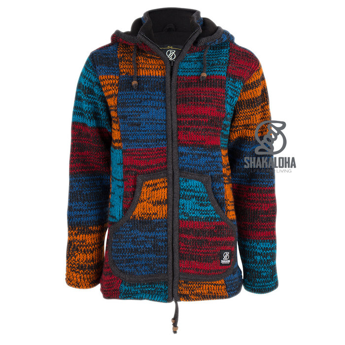 Shakaloha Shakaloha Gebreid Wollen Vest Patch ZH Rood Blauw Roestkleur met Fleece Voering en Afneembare Capuchon - Dames - Handgemaakt in Nepal van Schapenwol