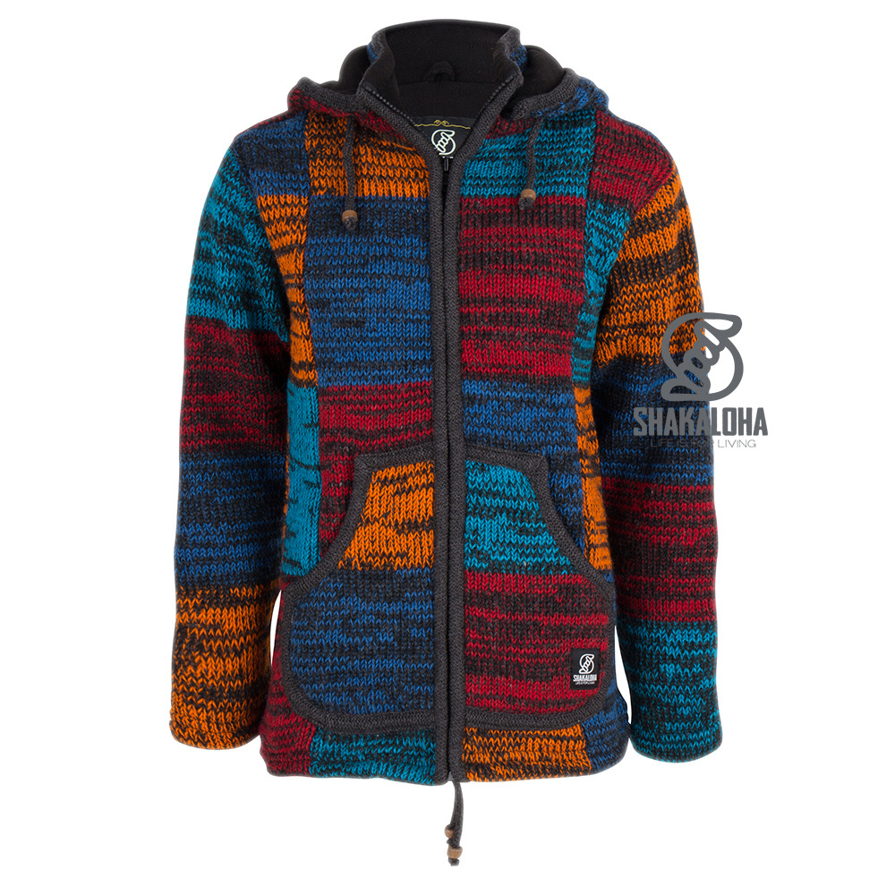 Shakaloha Shakaloha Knitted Woolen Jacket Patch ZH Red Blue Rust color with Fleece Lining and Detachable Hood - Woman - Handmade in Nepal from sheep's wool