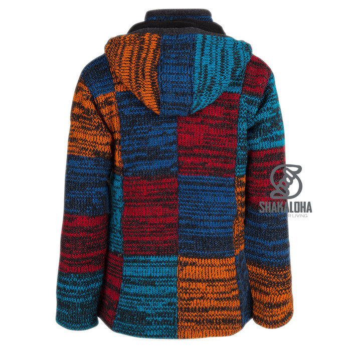 Shakaloha Shakaloha Gestrickte Wollweste Patch ZH Rot Blau Rost Farbe mit Fleecefutter und abnehmbarer Kapuze - Damen - Handgefertigt in Nepal aus Schafwolle