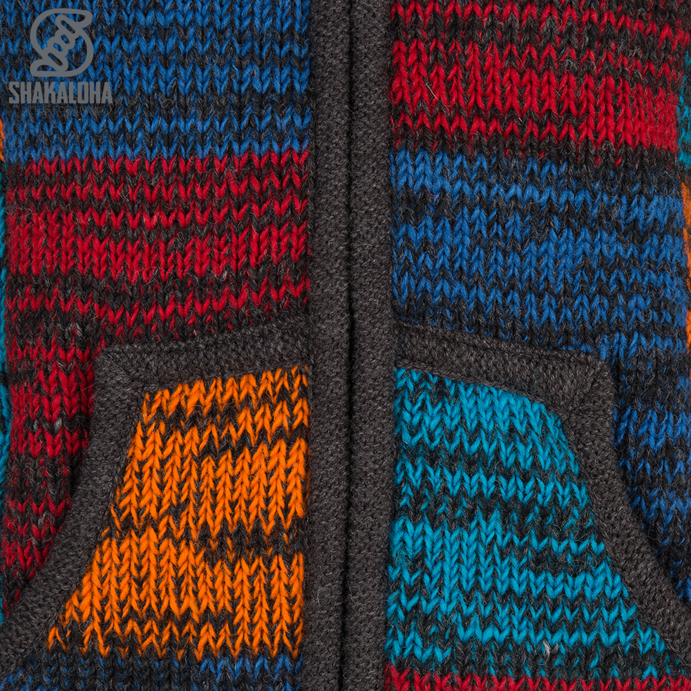 Shakaloha Shakaloha Wolljacke - Strickjacke Patch ZH Rot Blau Rostfarbe mit Fleece-Futter und Abnehmbarer Kapuze - Damen - Handgemacht in Nepal aus Schafwolle