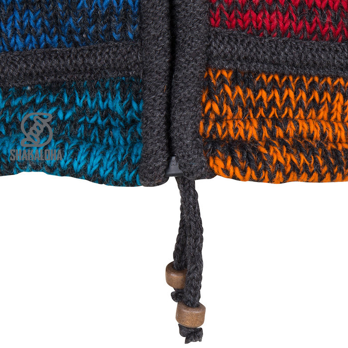 Shakaloha Chaleco de punto de lana Shakaloha con parche ZH, color rojo, azul y óxido, con forro polar y capucha desmontable - Mujer - Hecho a mano en Nepal con lana de oveja
