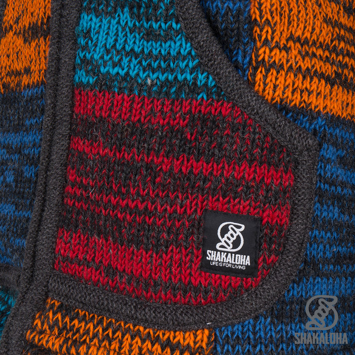 Shakaloha Chaleco de punto de lana Shakaloha con parche ZH, color rojo, azul y óxido, con forro polar y capucha desmontable - Mujer - Hecho a mano en Nepal con lana de oveja