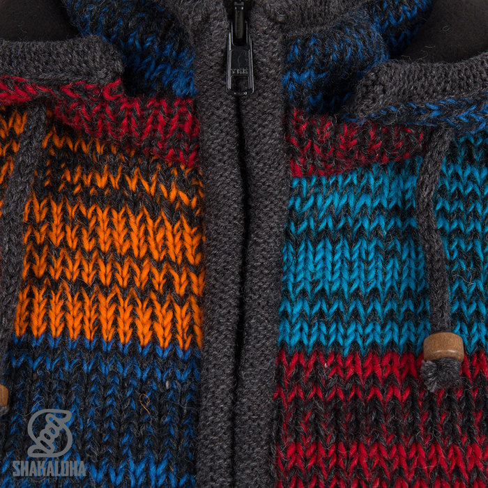 Shakaloha Chaleco de punto de lana Shakaloha con parche ZH, color rojo, azul y óxido, con forro polar y capucha desmontable - Mujer - Hecho a mano en Nepal con lana de oveja