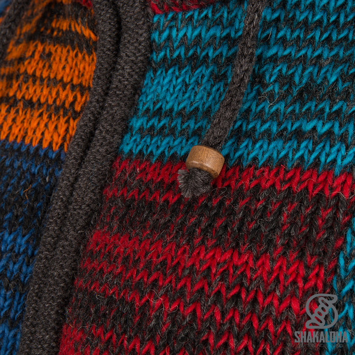 Shakaloha Shakaloha Gebreid Wollen Vest Patch ZH Rood Blauw Roestkleur met Fleece Voering en Afneembare Capuchon - Dames - Handgemaakt in Nepal van Schapenwol