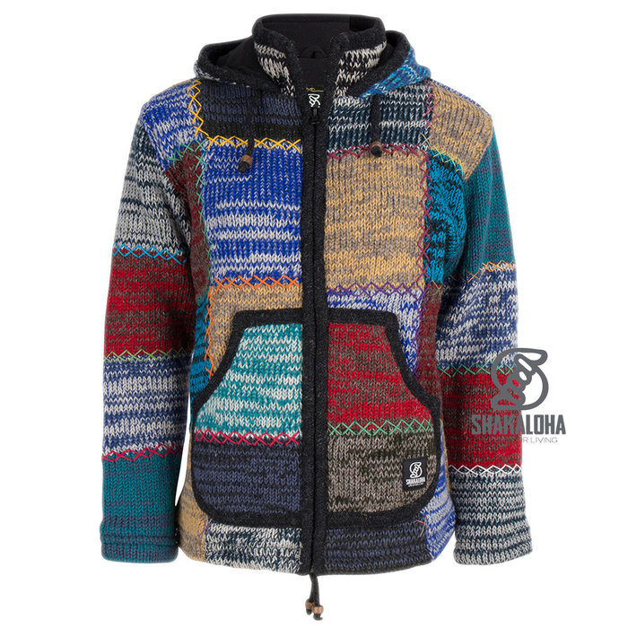 Shakaloha Shakaloha Gestrickte Wollweste Patch ZH Faded Multicolor mit Fleecefutter und abnehmbarer Kapuze – Damen – Handgefertigt in Nepal aus Schafwolle
