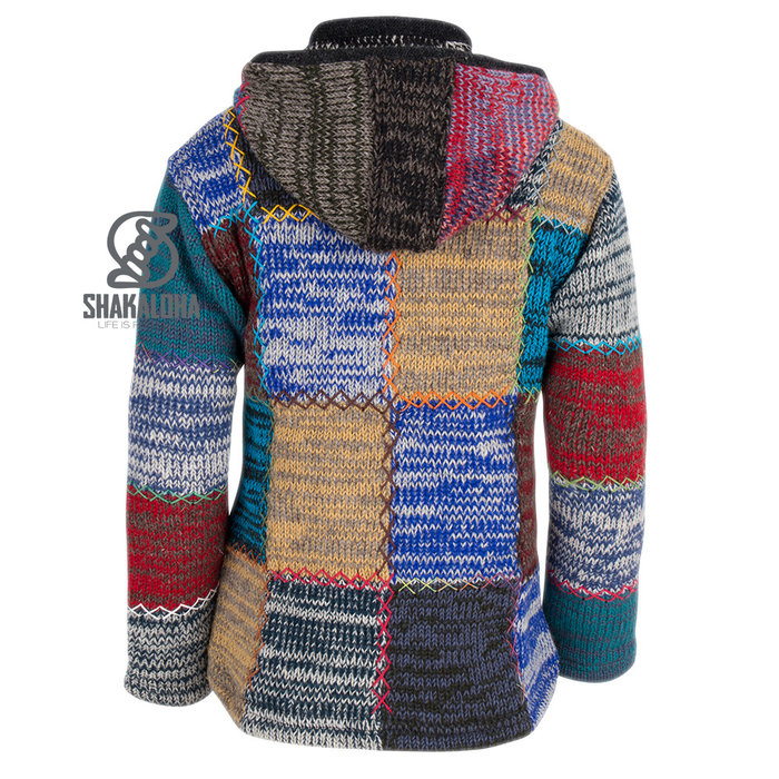 Shakaloha Shakaloha Gestrickte Wollweste Patch ZH Faded Multicolor mit Fleecefutter und abnehmbarer Kapuze – Damen – Handgefertigt in Nepal aus Schafwolle