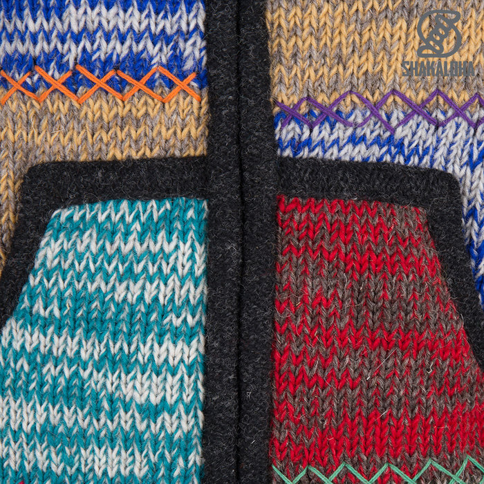 Shakaloha Shakaloha Gestrickte Wollweste Patch ZH Faded Multicolor mit Fleecefutter und abnehmbarer Kapuze – Damen – Handgefertigt in Nepal aus Schafwolle