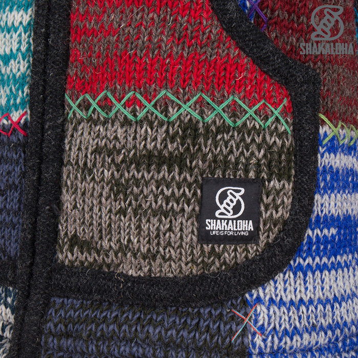 Shakaloha Chaleco de punto de lana Shakaloha con parche ZH multicolor descolorido, forro polar y capucha desmontable - Mujer - Hecho a mano en Nepal con lana de oveja