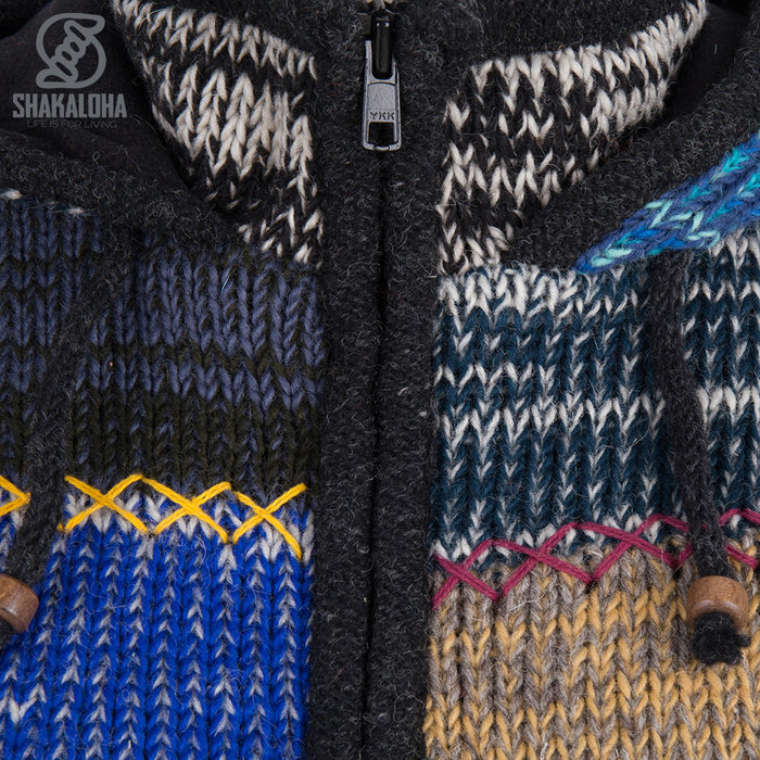 Shakaloha Shakaloha Knitted Woolen Jacket Patch ZH Faded Multicolor with Fleece Lining and Detachable Hood - Woman - Handmade in Nepal from sheep's wool