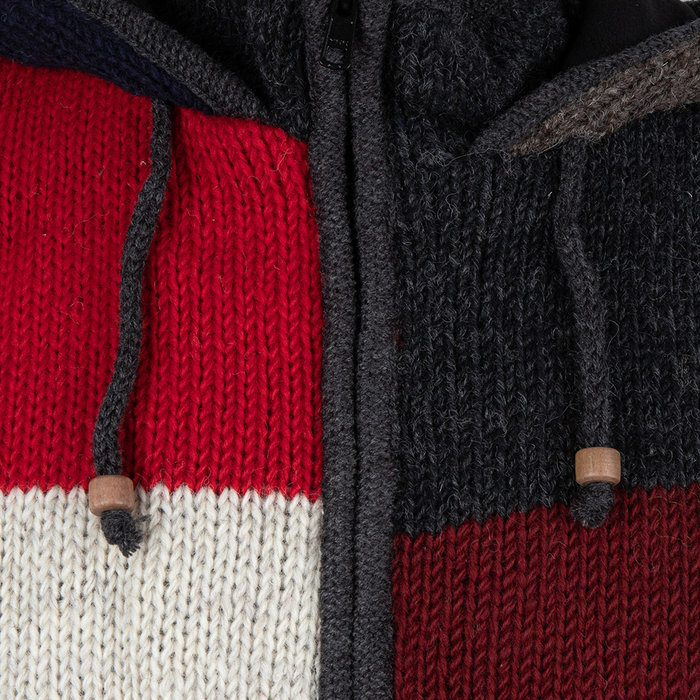 Shakaloha Gilet tricoté en laine Shakaloha, patch NH, fourrure multicolore, doublure polaire, capuche et col intérieur - Homme/Uni - Fabriqué au Népal en laine de mouton
