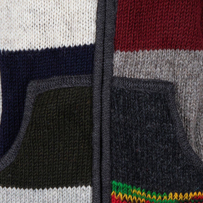 Shakaloha Gilet tricoté en laine Shakaloha, patch NH, fourrure multicolore, doublure polaire, capuche et col intérieur - Homme/Uni - Fabriqué au Népal en laine de mouton