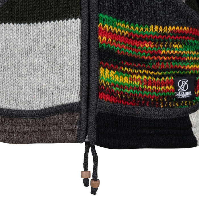 Shakaloha Gilet tricoté en laine Shakaloha, patch NH, fourrure multicolore, doublure polaire, capuche et col intérieur - Homme/Uni - Fabriqué au Népal en laine de mouton