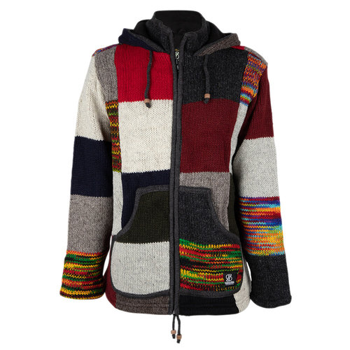 Herren aus Wolle Patchwork Strick Reißverschluss Fleecefutter Kängurutasche