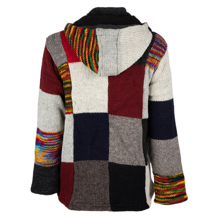 Shakaloha Gilet tricoté en laine Shakaloha, patch NH, fourrure multicolore, doublure polaire, capuche et col intérieur - Homme/Uni - Fabriqué au Népal en laine de mouton