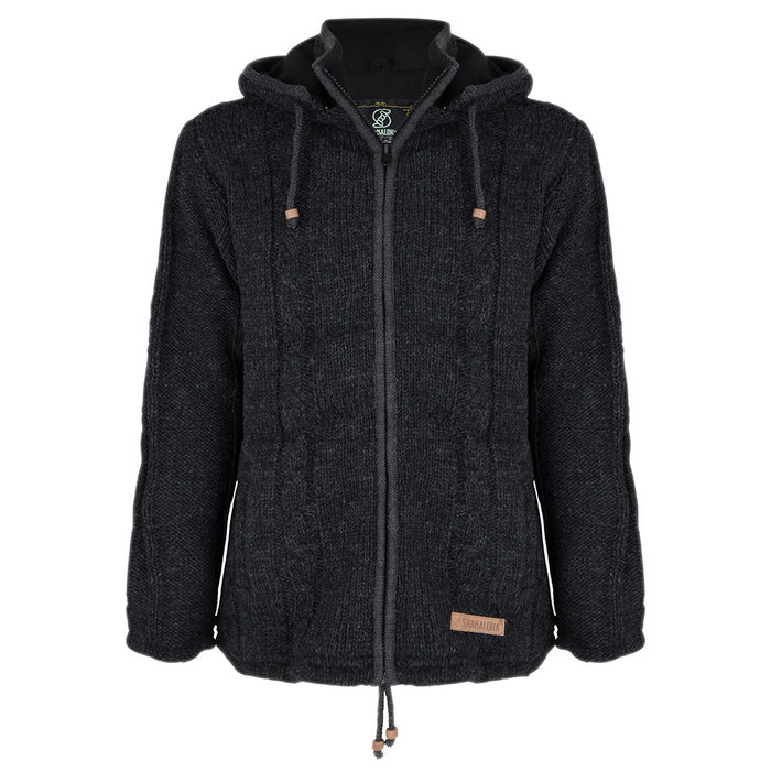 Shakaloha Shakaloha Veste en Laine Tricoté Plata ZH Anthracite avec Doublure en polaire et Capuche détachable - Hommes - Uni - Fabriqué à la main au Népal en laine de mouton