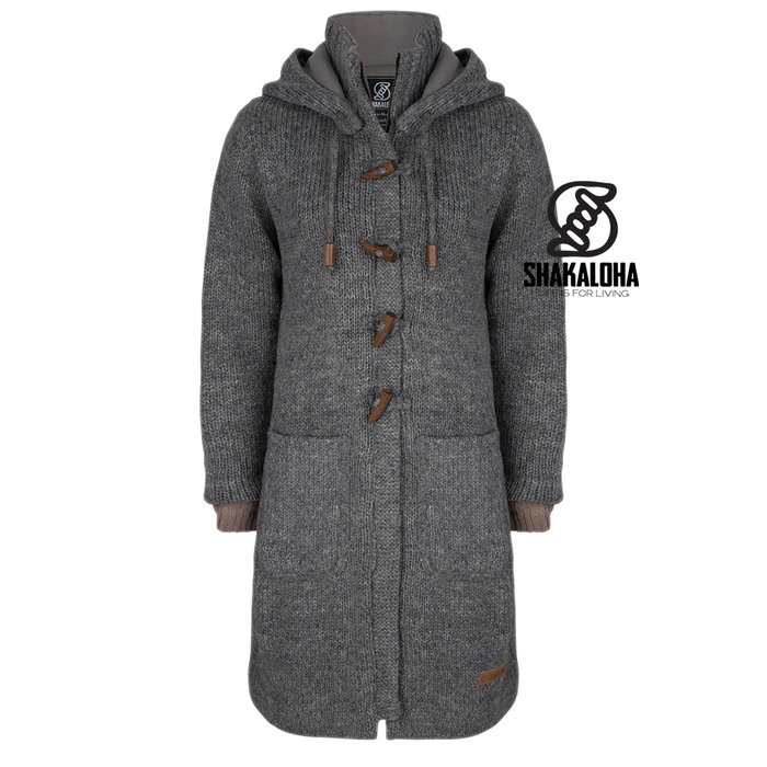 Shakaloha Shakaloha Veste en Laine Tricoté Whistler DLX gris avec Doublure en polaire et Capuche détachable - Femmes - Fabriqué à la main au Népal en laine de mouton