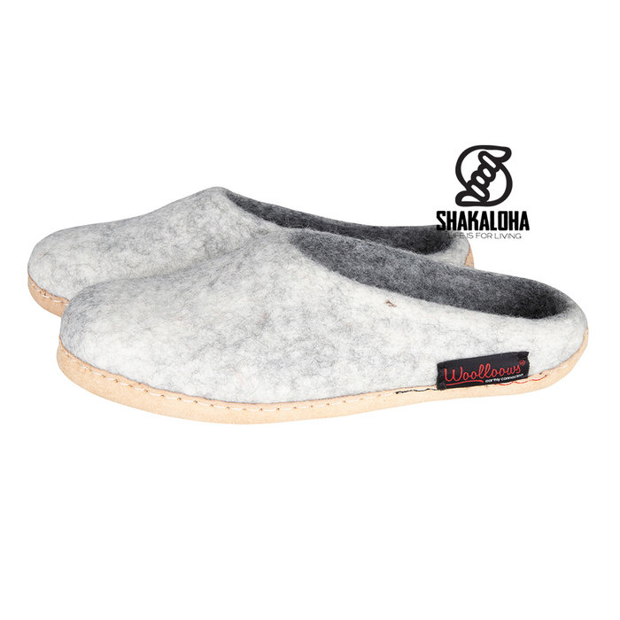 Woolloows Pantuflas Shuffle de lana beige con suela de ante