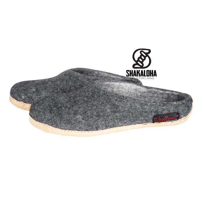 Woolloows Shuffle Grey Wollen Pantoffels met suede zool