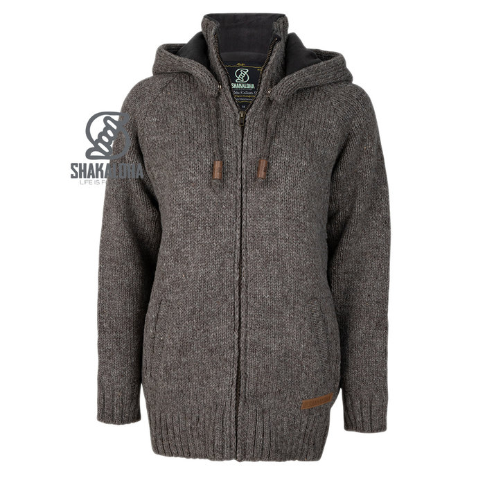 Shakaloha Shakaloha Veste en Laine Tricoté Gin Ziphood Taupe marron clair avec Doublure en polaire et Capuche détachable - Femmes - Fabriqué à la main au Népal en laine de mouton