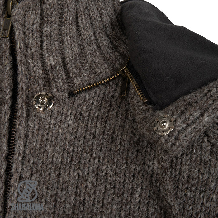 Shakaloha Shakaloha Veste en Laine Tricoté Gin Ziphood Taupe marron clair avec Doublure en polaire et Capuche détachable - Femmes - Fabriqué à la main au Népal en laine de mouton