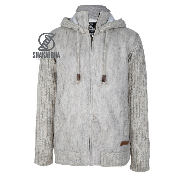 Shakaloha Shakaloha Knitted Wool Cardigan Baseball ZH with Cotton Lining and Detachable Hood - Man/Uni - Handmade in Nepal from Sheep Wool