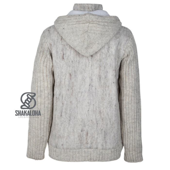 Shakaloha Chaleco de béisbol de lana de punto Shakaloha ZH con forro de algodón y capucha desmontable - Hombre/Unisex - Hecho a mano en Nepal con lana de oveja