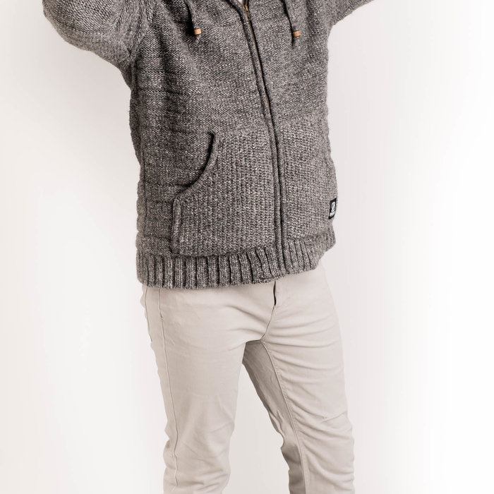 Shakaloha Gilet tricoté en laine Shakaloha Chuck Ziphood gris avec doublure polaire et capuche amovible - Homme/Uni - Fabriqué au Népal en laine de mouton