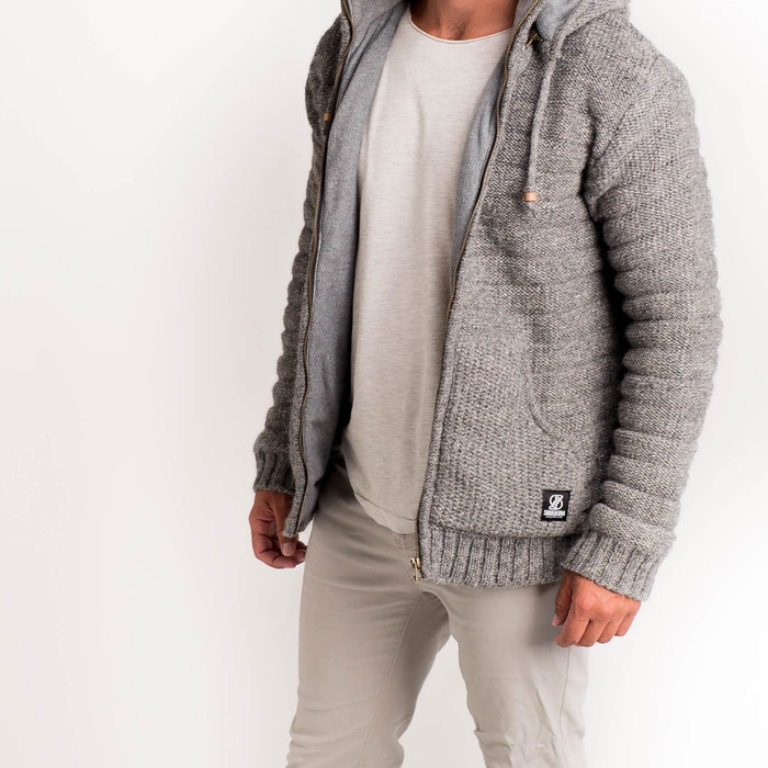 Shakaloha Shakaloha Strick-Wollweste Chuck Ziphood Grau mit Fleecefutter und abnehmbarer Kapuze – Herren/Uni – Handgefertigt in Nepal aus Schafwolle