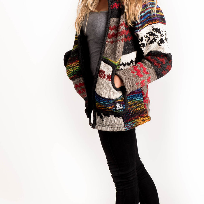 Shakaloha Chaleco de punto de lana Shakaloha con parche NH multicolor brillante con forro polar y capucha con cuello interior - Mujer - Hecho a mano en Nepal con lana de oveja
