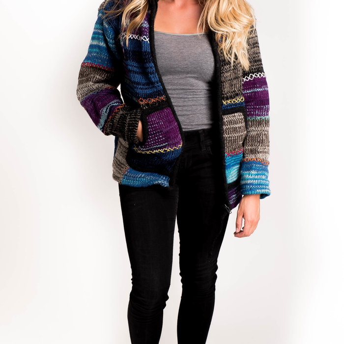 Shakaloha Chaleco de punto de lana Shakaloha con parche NH de piel multicolor con forro polar y capucha con cuello interior - Mujer - Hecho a mano en Nepal con lana de oveja