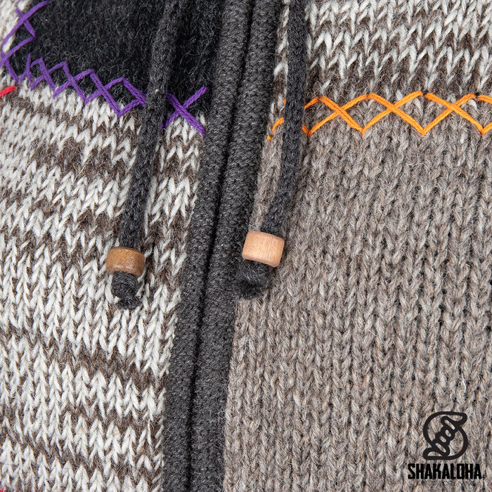 Shakaloha Shakaloha wool jacket - cardigan long patch natural colors with fleece lining and hood - women - handmade in Nepal from sheep wool