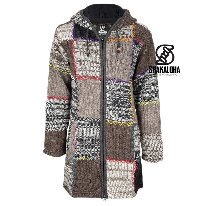 Shakaloha Shakaloha Wollmantel - Lange Patchweste Naturfarben mit Fleecefutter und Kapuze - Damen - Handgefertigt in Nepal aus Schafwolle