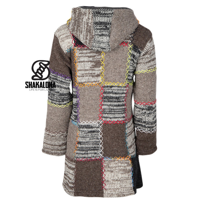 Shakaloha Veste en laine Shakaloha - cardigan long patch couleurs naturelles avec doublure polaire et capuche - femme - fait main au Népal à partir de laine de mouton