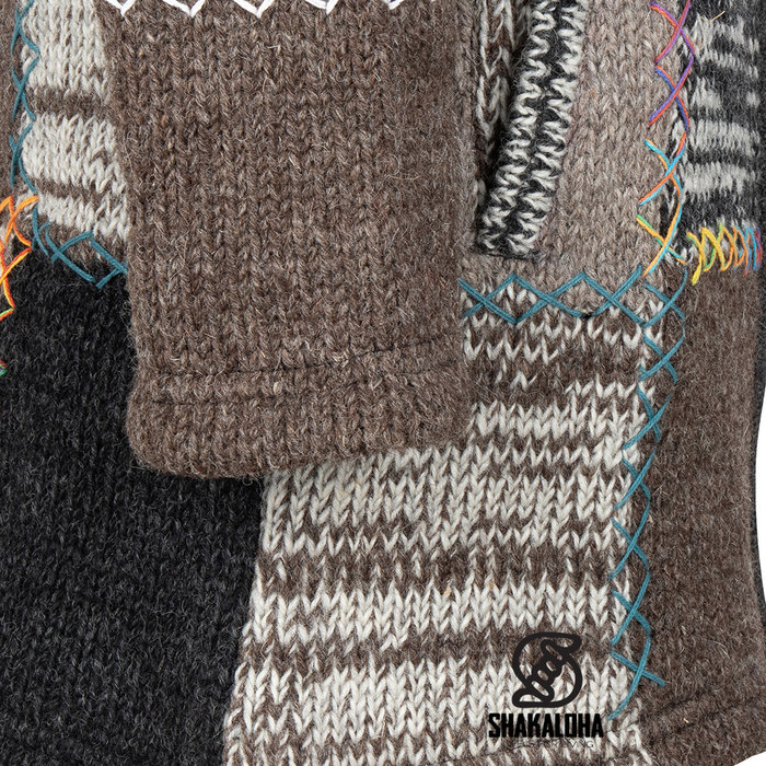 Shakaloha Veste en laine Shakaloha - cardigan long patch couleurs naturelles avec doublure polaire et capuche - femme - fait main au Népal à partir de laine de mouton