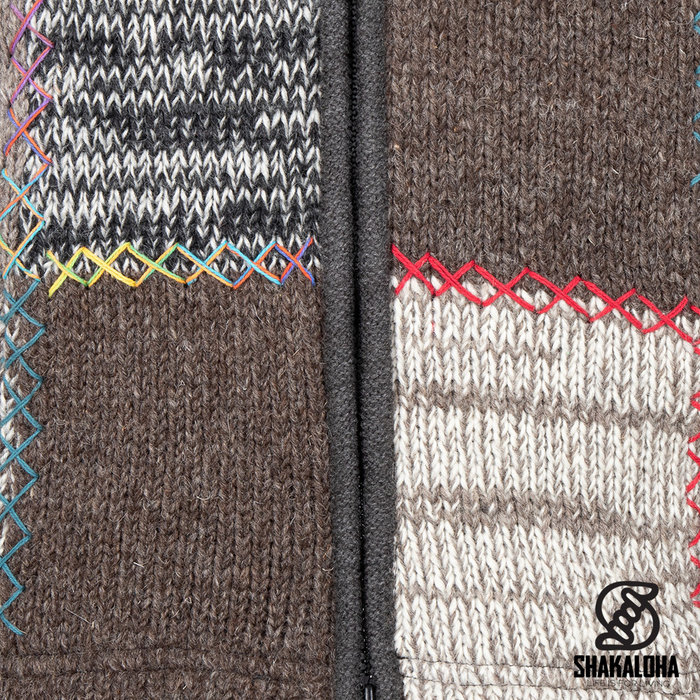 Shakaloha Shakaloha wollen jas - Longpatch vest Natuurlijke kleuren met fleece voering en capuchon - Dames - Handgemaakt in Nepal van schapenwol